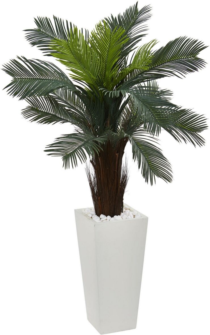 Nearly Natural 4.5' Cycas Uv-Resistant Indoor/Outdoor Artificial Plant in White Tower Planter - Green