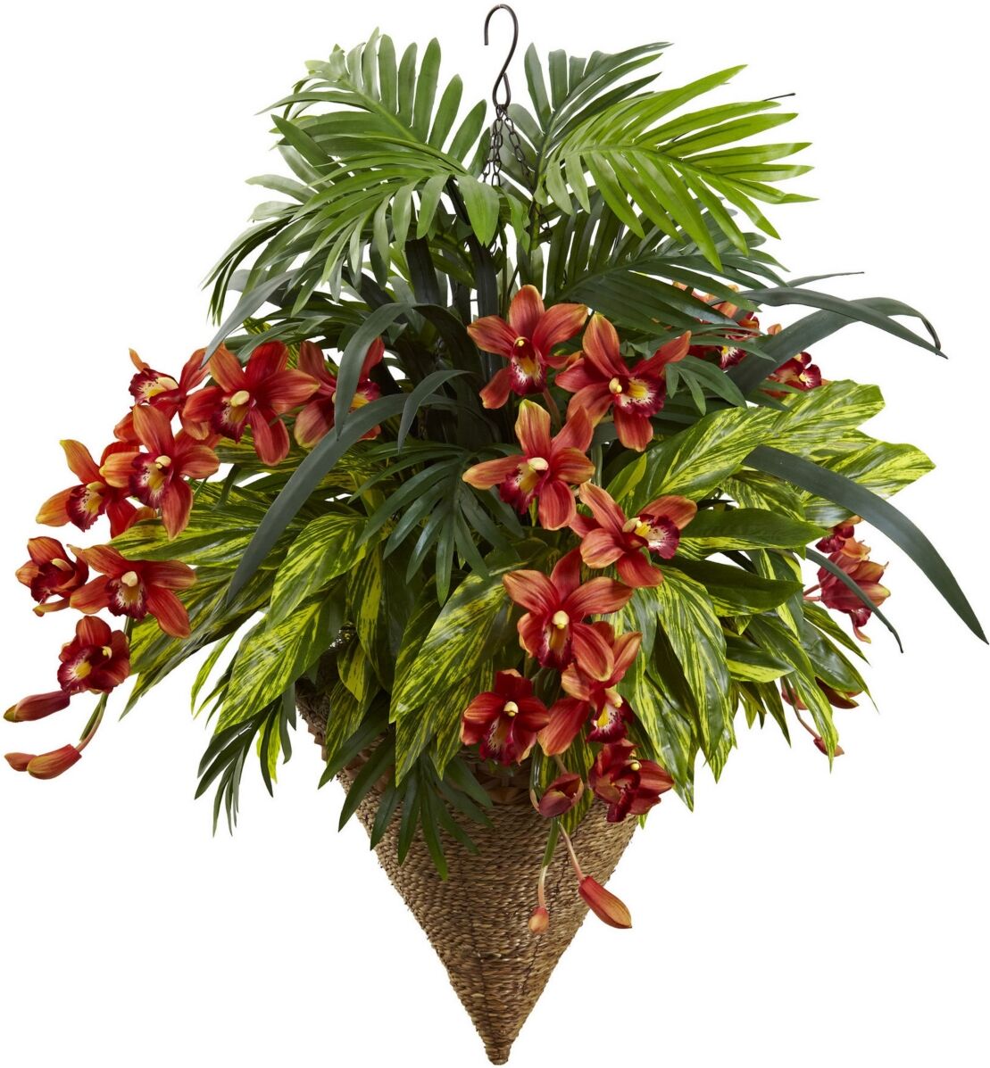 Nearly Natural Mixed Tropical & Cymbidium Artificial Plants Hanging Basket - Red