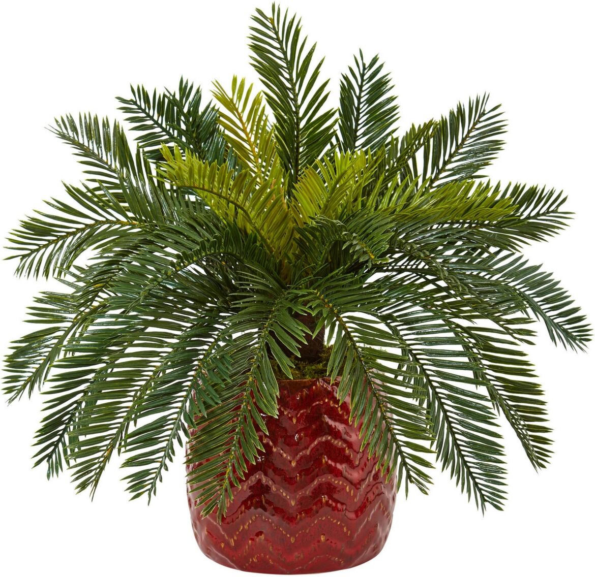 Nearly Natural Cycas Artificial Plant in Red Ceramic Planter - Green