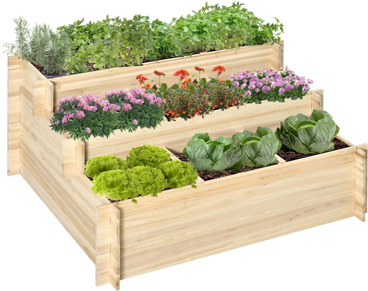 Outsunny 3 Tier Raised Garden Bed Elevated Planter Flower Box with 9 Grow Grids and Non-woven Fabric for Vegetables, Flower, Herb Outdoor Indoor Use -