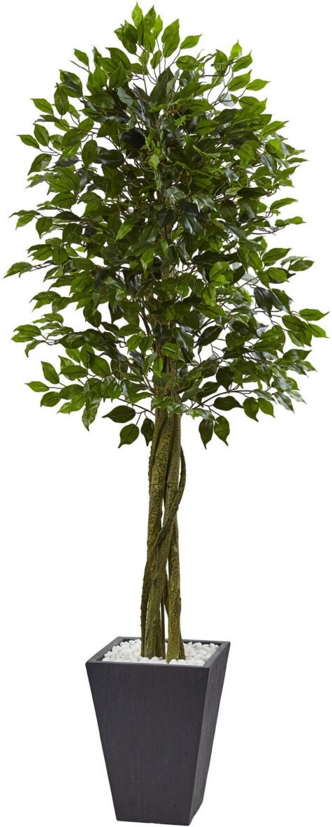 Nearly Natural 6.5' Ficus Uv-Resistant Indoor/Outdoor Artificial Tree in Slate-Tone Clay Planter - Green