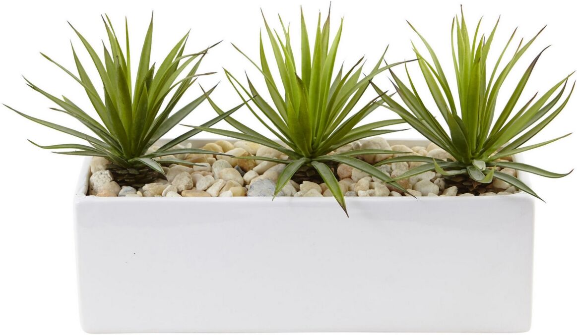 Nearly Natural Mini Agave Artificial Plants in Rectangular Ceramic Planter - Green