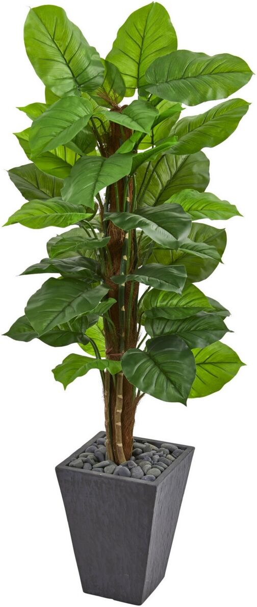 Nearly Natural 5' Large Leaf Philodendron Artificial Plant in Slate Planter - Real Touch - Green