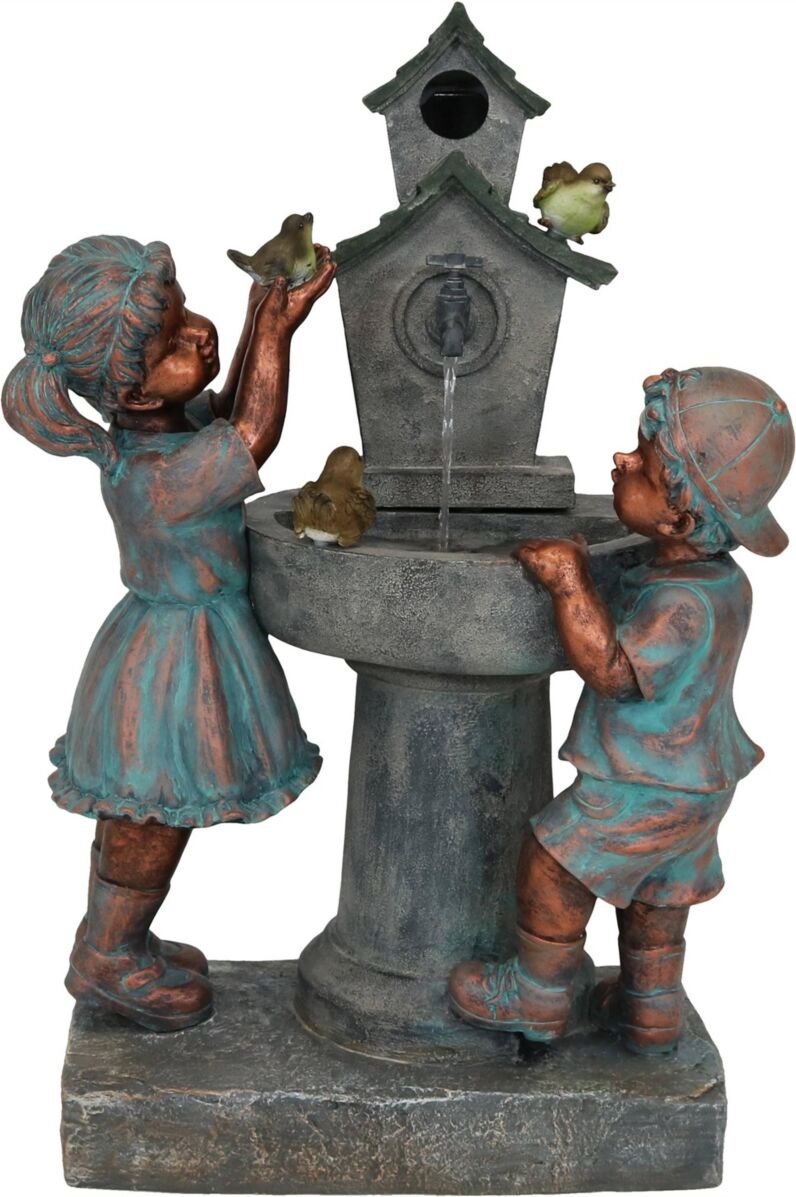 Sunnydaze Decor Boy and Girl at Birdbath Water Fountain with Led Lights - 30 in - Grey