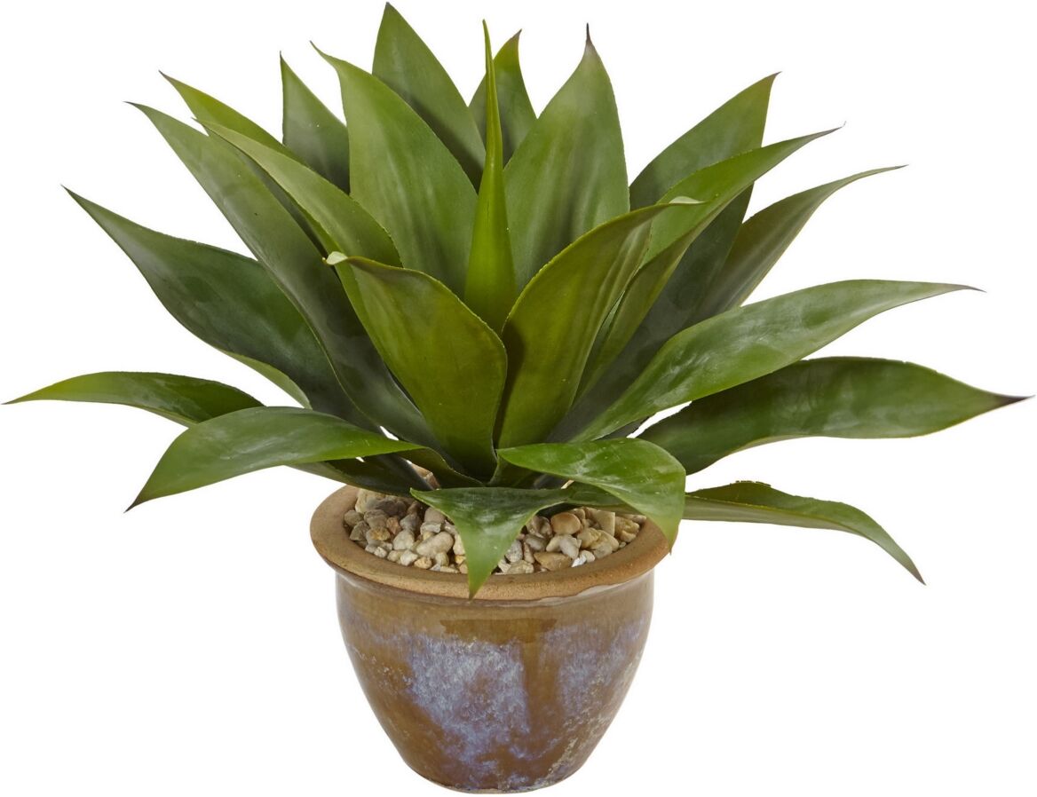 Nearly Natural Agave Artificial Plant in Glazed Clay Pot - Green