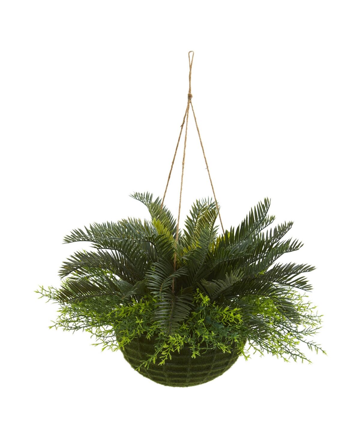 Nearly Natural Cycas Artificial Plant in Mossy Hanging Basket (Indoor/Outdoor) - Green