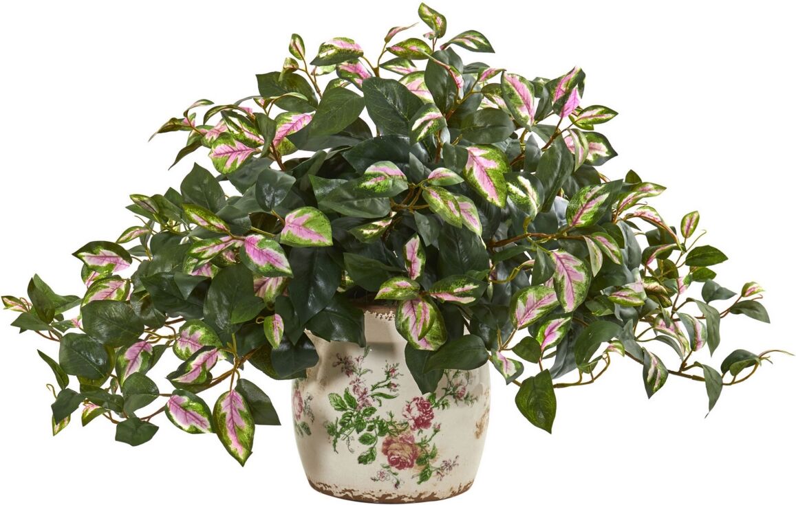 Nearly Natural Hoya Artificial Plant in Floral Print Planter - Green