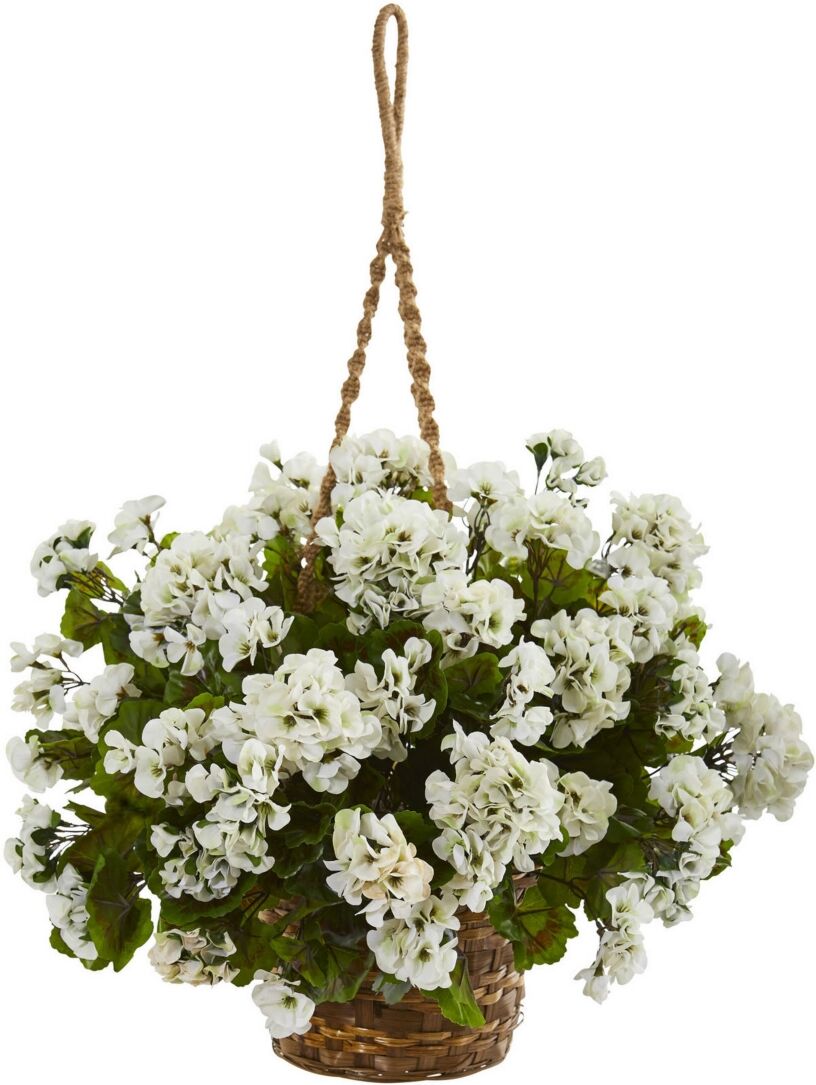 Nearly Natural Geranium Hanging Basket Artificial Plant Uv Resistant - White