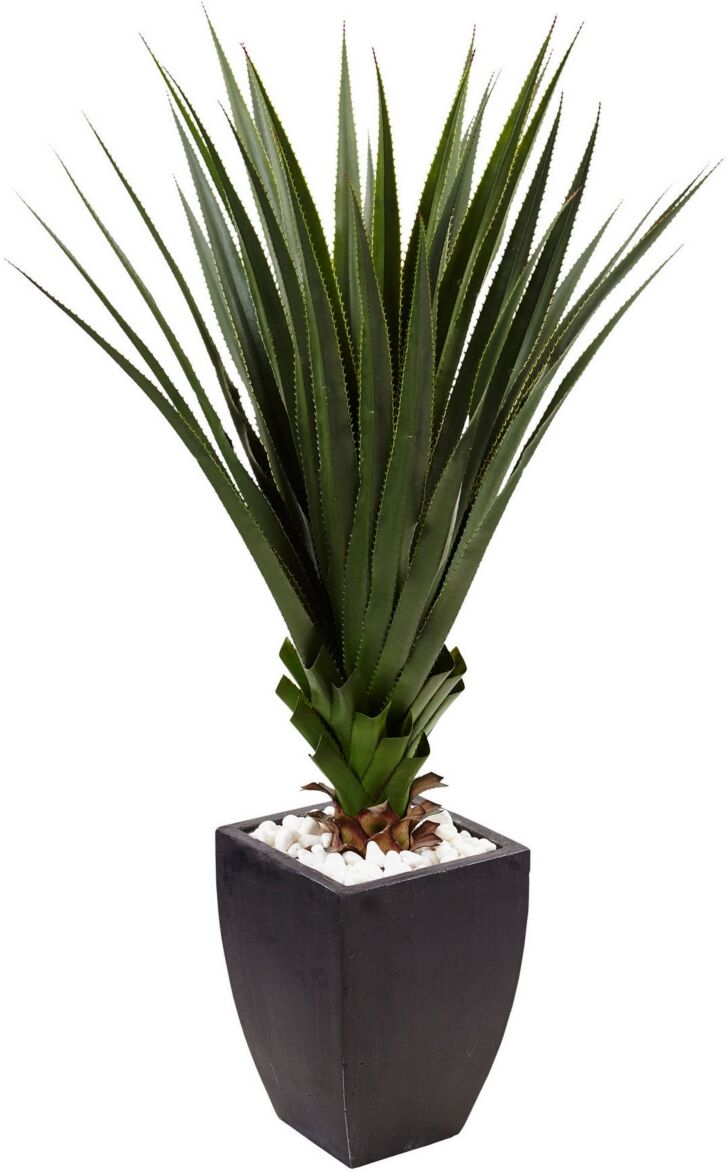 Nearly Natural 4.5' Spiked Agave Indoor/Outdoor Artificial Plant in Black Planter - Green