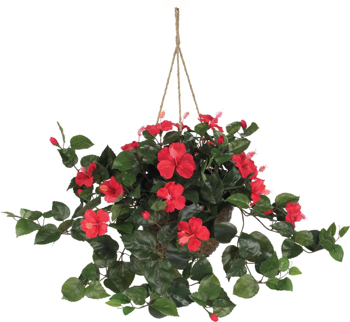 Nearly Natural Hibiscus Artificial Plant Hanging Basket - Red