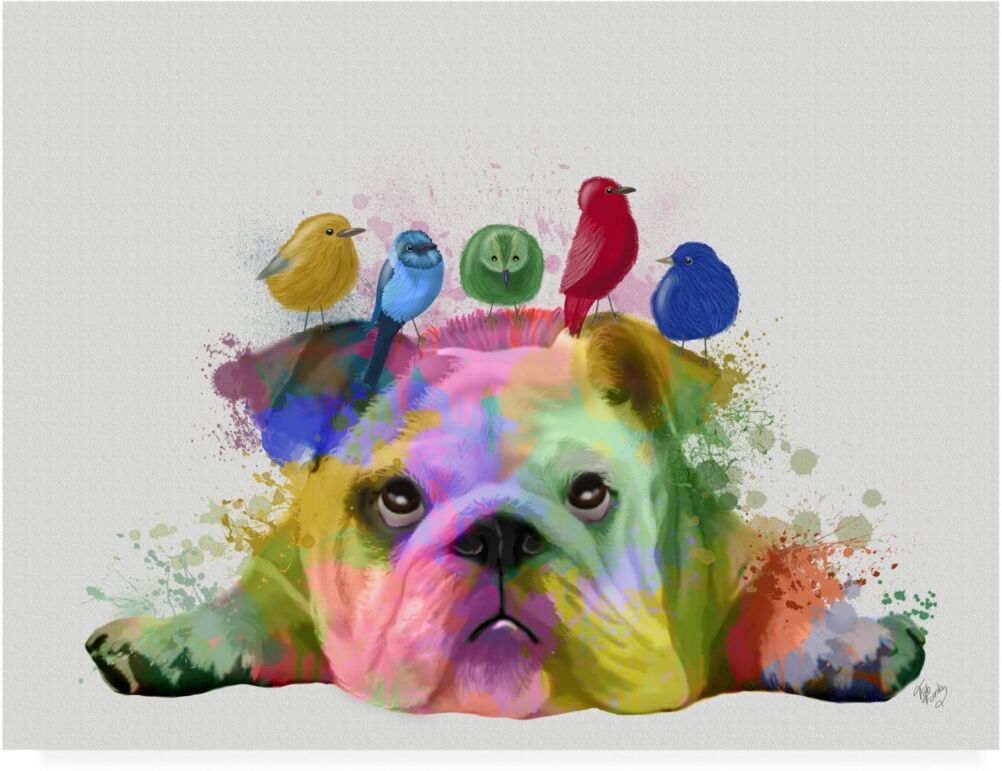 Trademark Global Fab Funky English Bulldog and Birds, Rainbow Splash Canvas Art - 36.5