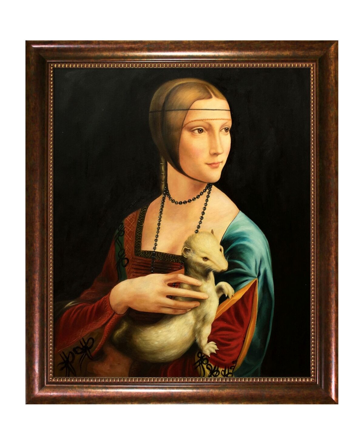 La Pastiche by Overstockart Lady with An Ermine by Leonardo Da Vinci with Verona Bead Frame Oil Painting Wall Art, 20