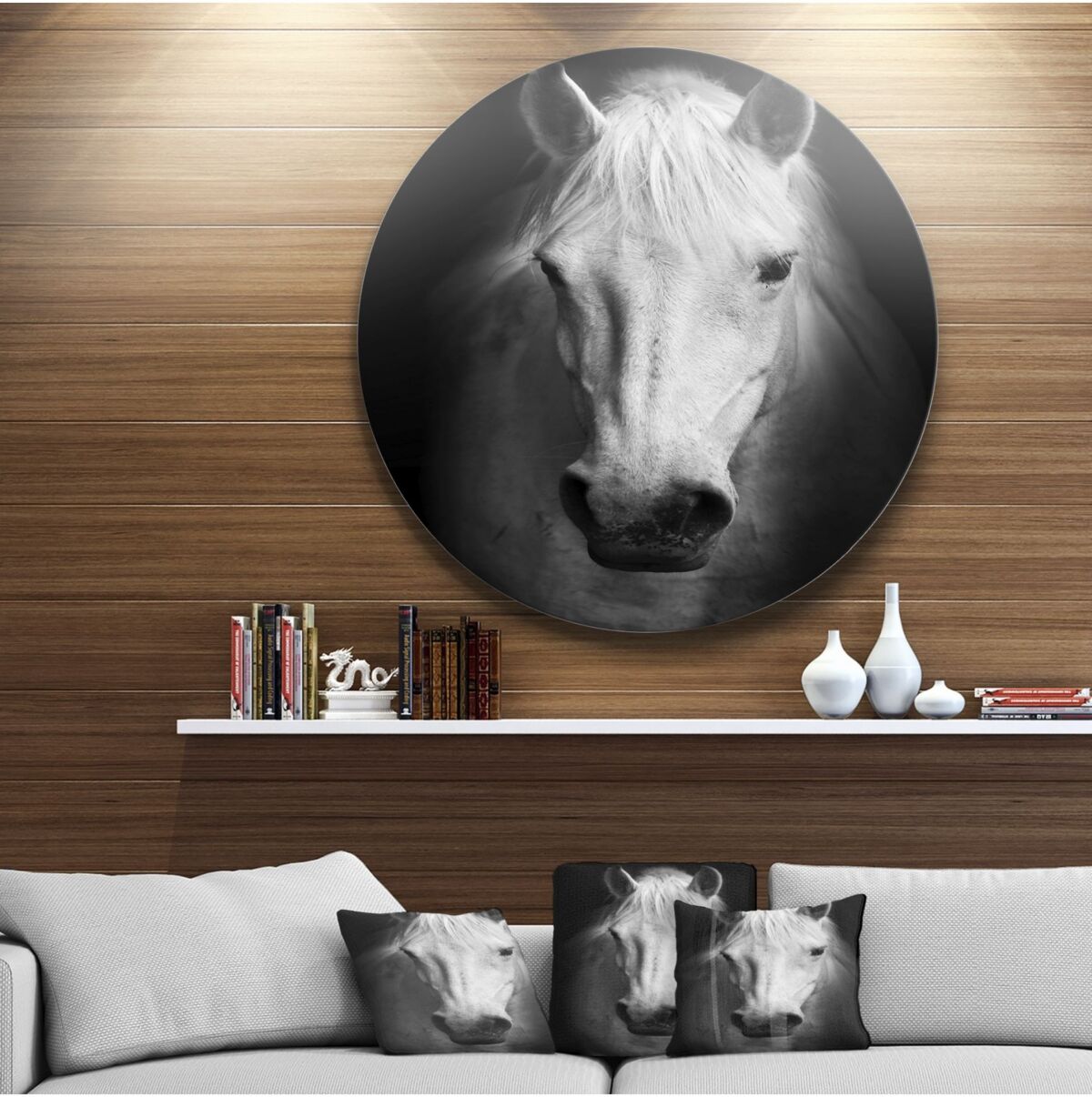 Design Art Designart 'White Horse Black And White' Ultra Glossy Animal Oversized Metal Circle Wall Art - 36 x 36 - White