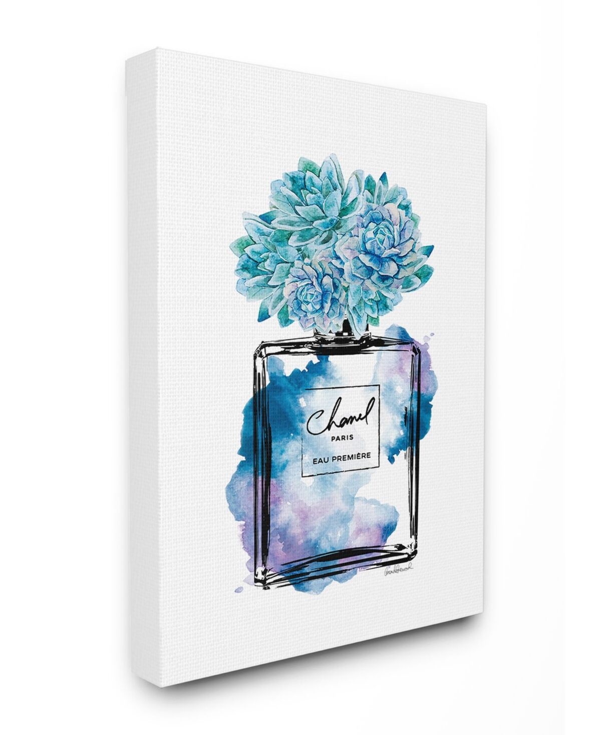 Stupell Industries Watercolor Fashion Perfume Bottle with Blue Flowers Canvas Wall Art, 30