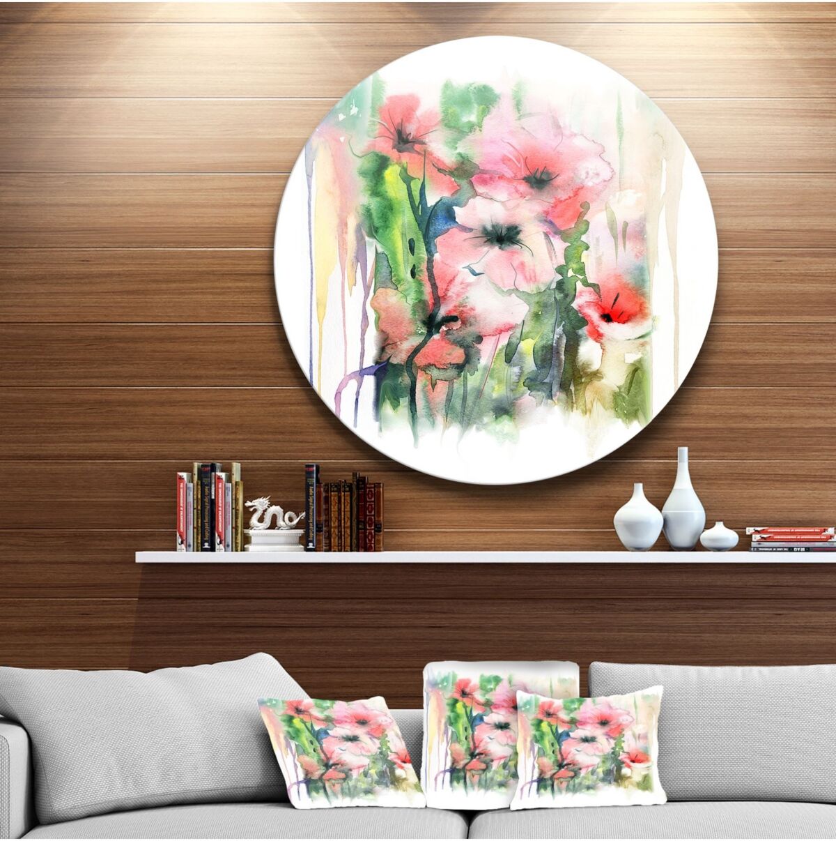 Design Art Designart 'Pink Floral Watercolor Illustration' Disc Large Animal Metal Circle Wall Art - 36 x 36 - Pink