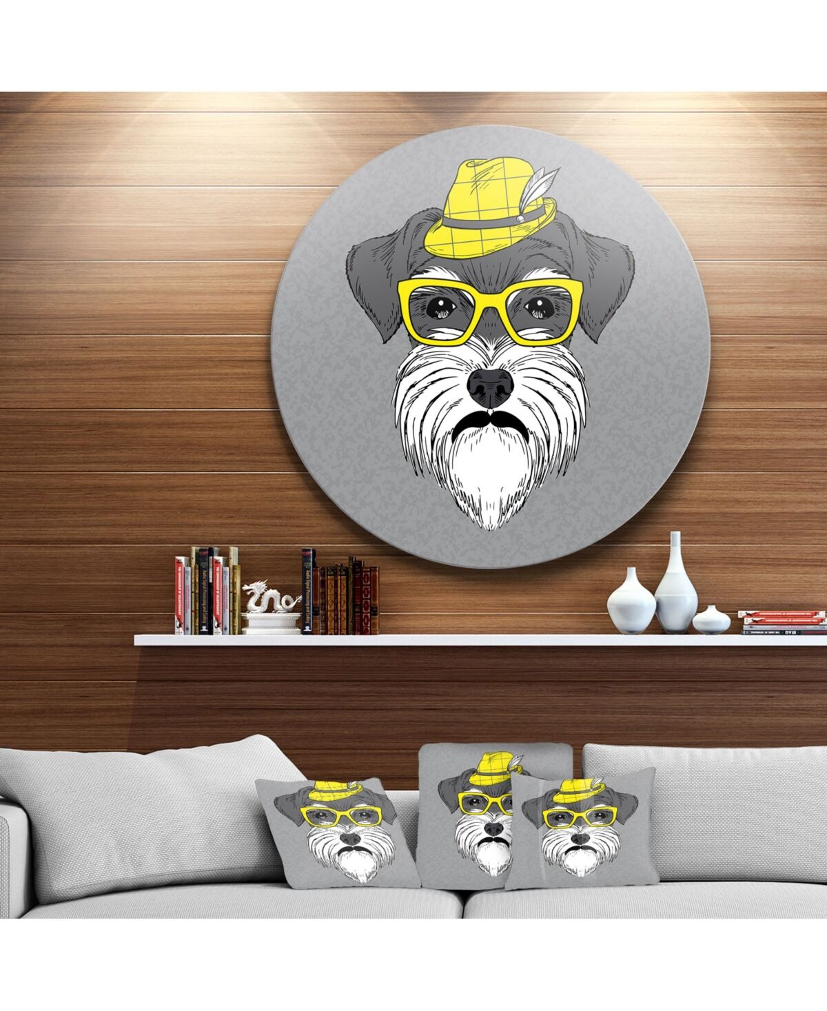 Design Art Designart 'Schnauzer With Hat And Glasses' Disc Contemporary Animal Metal Circle Wall Decor - 36 x 36 - Gray