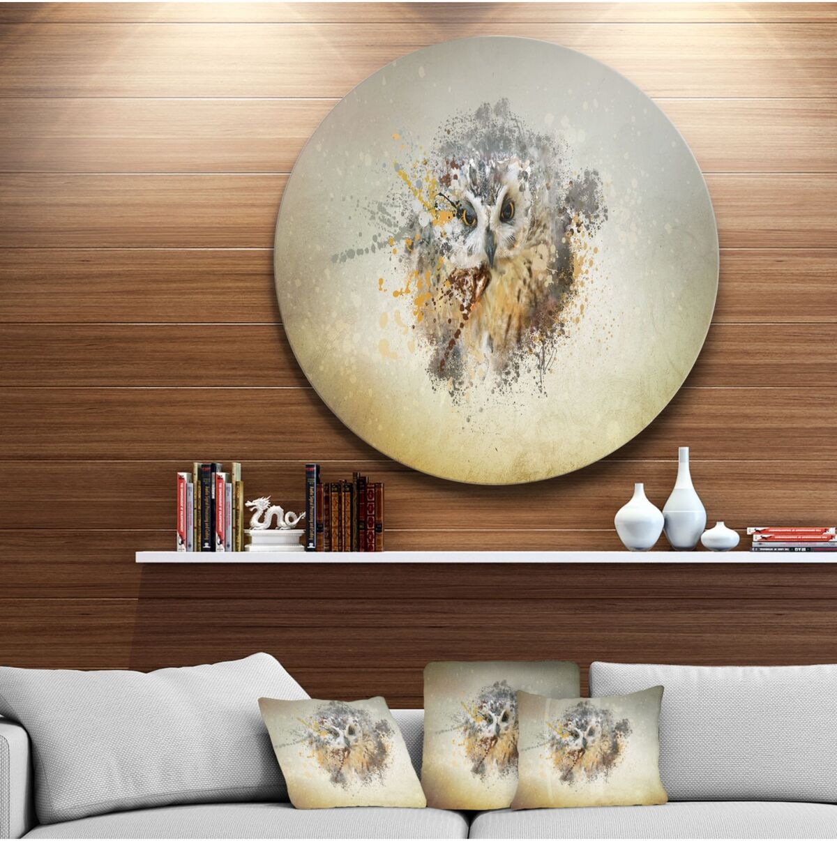 Design Art Designart 'Large Gracing Owl' Ultra Glossy Animal Oversized Metal Circle Wall Art - 36 x 36 - Gray