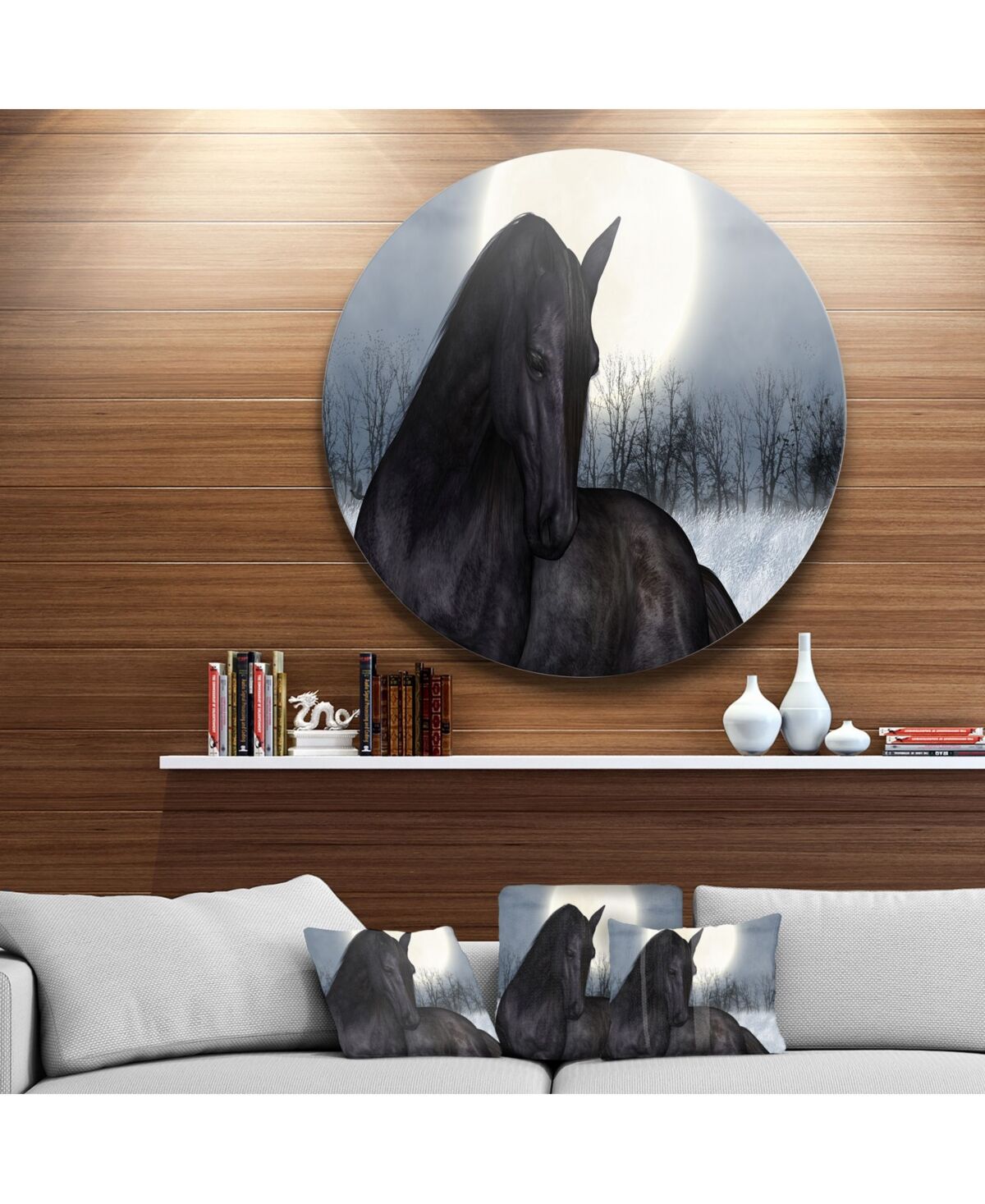 Design Art Designart 'Black Horse In Moonlight' Ultra Glossy Animal Oversized Metal Circle Wall Art - 23