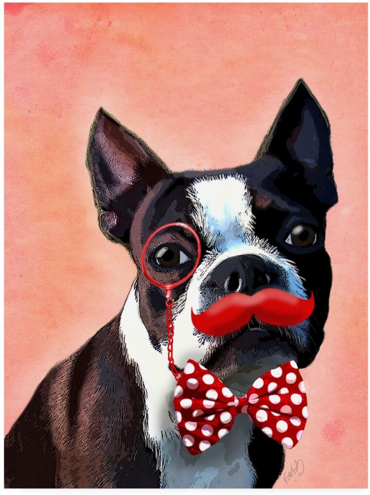 Trademark Global Fab Funky Boston Terrier Portrait, with Red Bow Tie and Moustache Canvas Art - 36.5