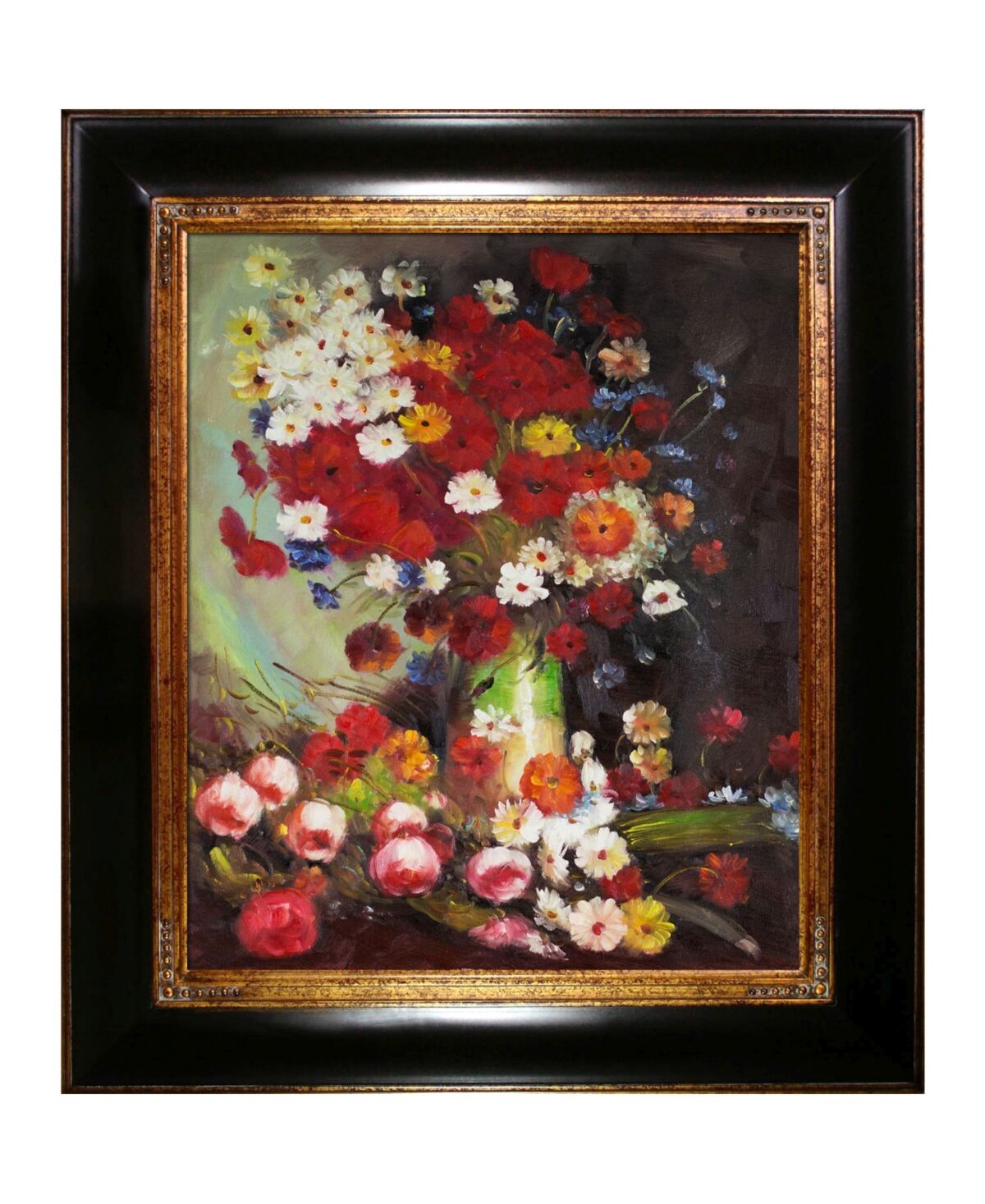 La Pastiche by Overstockart Vase with Poppies Cornflowers Peonies and Chrysanthemums by Vincent Van Gogh with Wood, Opulent Frame Oil Painting Wall Ar