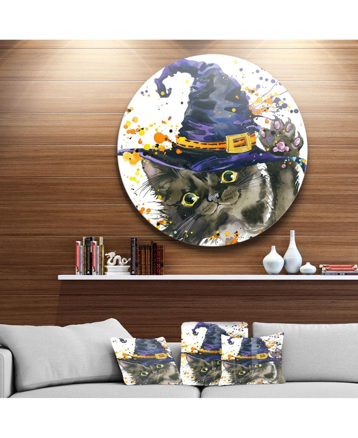Design Art Designart 'Halloween Cat And Witch Hat' Disc Contemporary Animal Metal Circle Wall Decor - 23