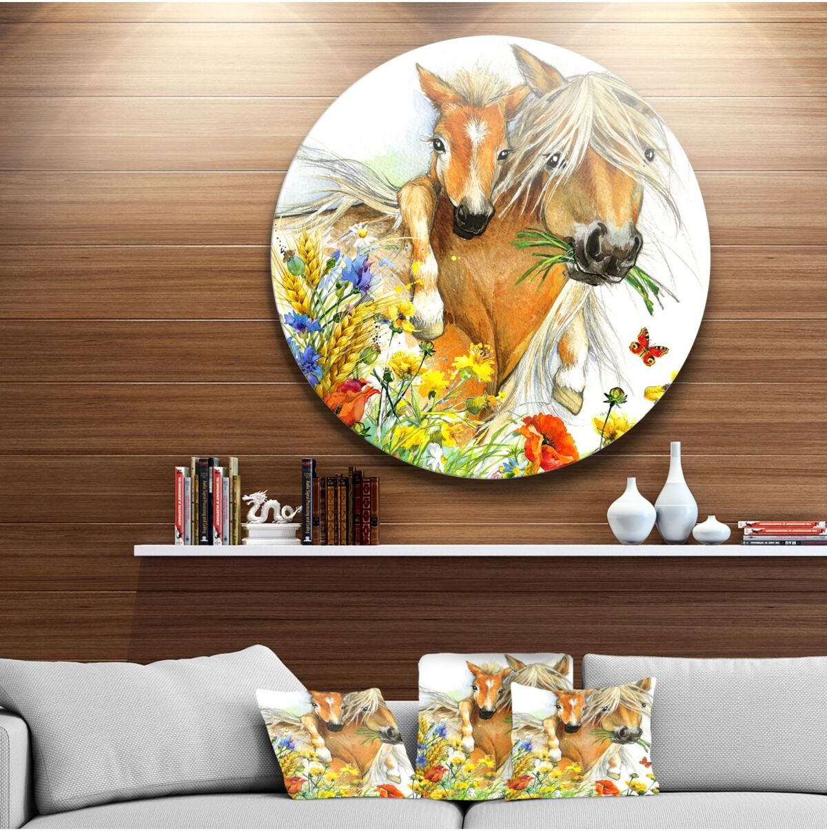 Design Art Designart 'Horse And Foal With Flowers' Ultra Glossy Animal Oversized Metal Circle Wall Art - 23