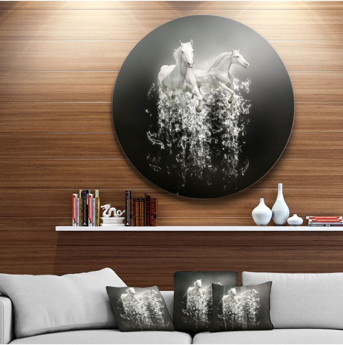 Design Art Designart 'Fantasy White Horses On Black' Ultra Glossy Animal Oversized Metal Circle Wall Art - 23