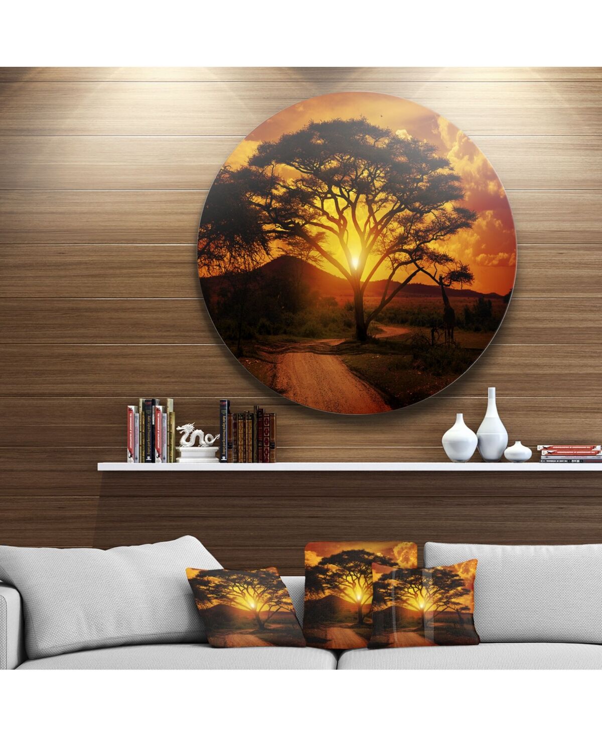 Design Art Designart 'African Sunset With Lonely Tree'African Landscape Metal Circle Wall Art - 36 x 36 - Green