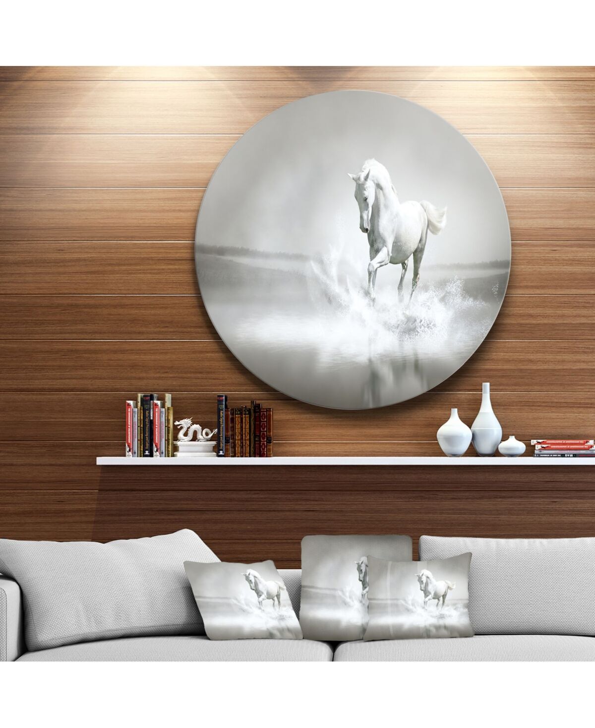 Design Art Designart 'White Horse Running In Water' Ultra Glossy Animal Oversized Metal Circle Wall Art - 36 x 36 - White