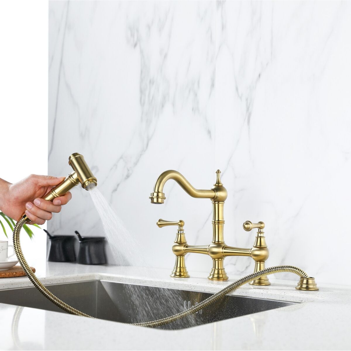 Simplie Fun 8 inch Centerset Bridge Kitchen Faucet with Brass Side Sprayer 2 Handles 4 Holes Antique Classic Heritage Deck-Mount Kitchen Sink Faucet -