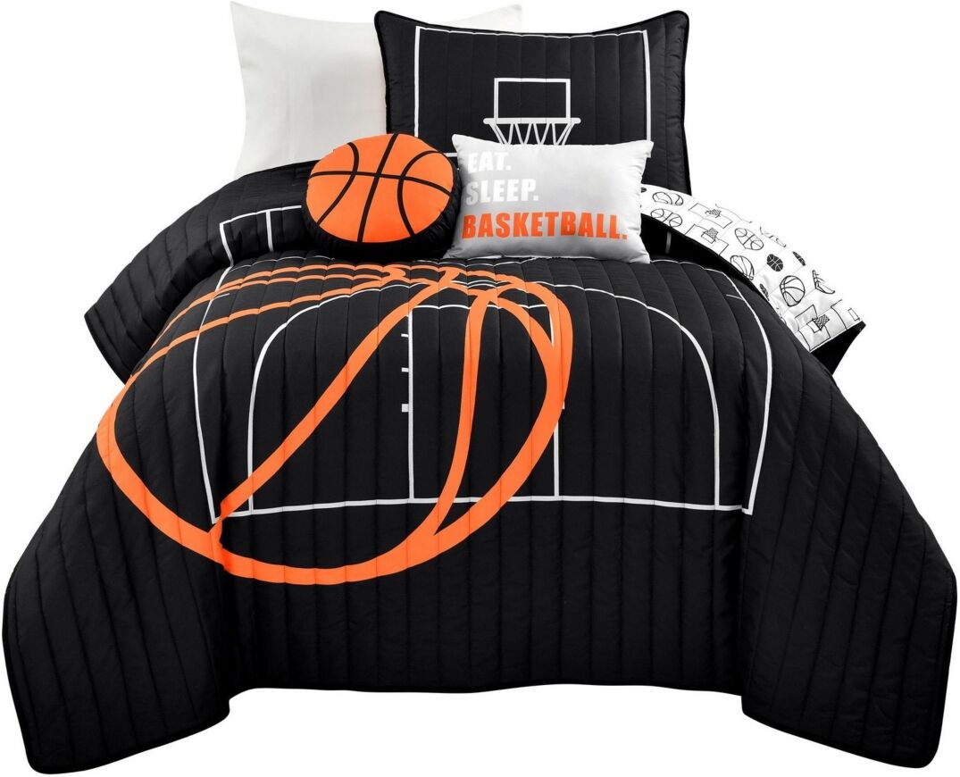 Lush Decor Basketball Game 4 Piece Quilt Set for Kids, Twin/Twin XLong - Black, Orange