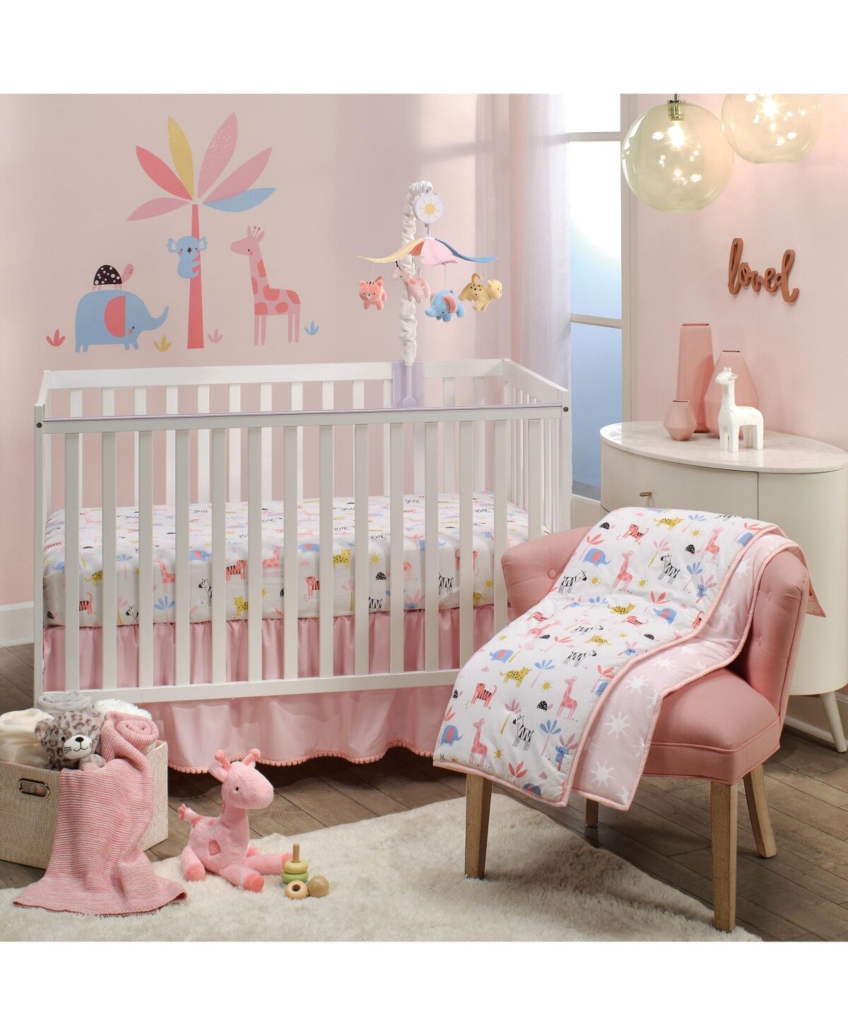 Lambs & Ivy Snuggle Jungle Pastel Safari Cotton Jersey 3-Piece Crib Bedding Set - Pink