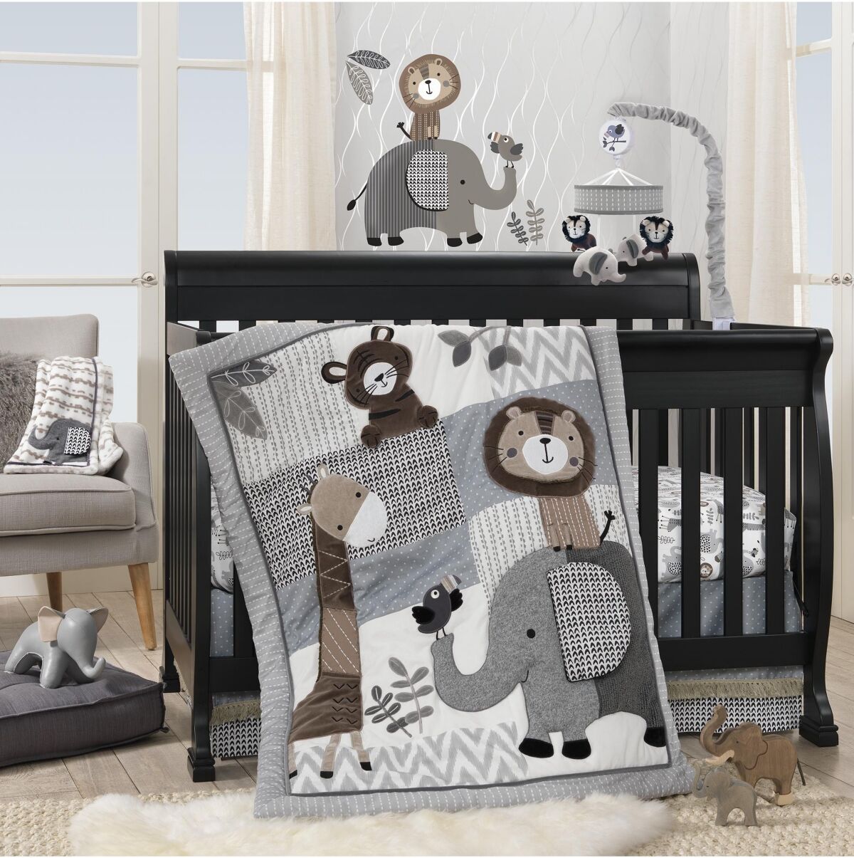 Lambs & Ivy Urban Jungle Animals Gray/Brown/White Nursery 4-Piece Baby Crib Bedding Set - Gray