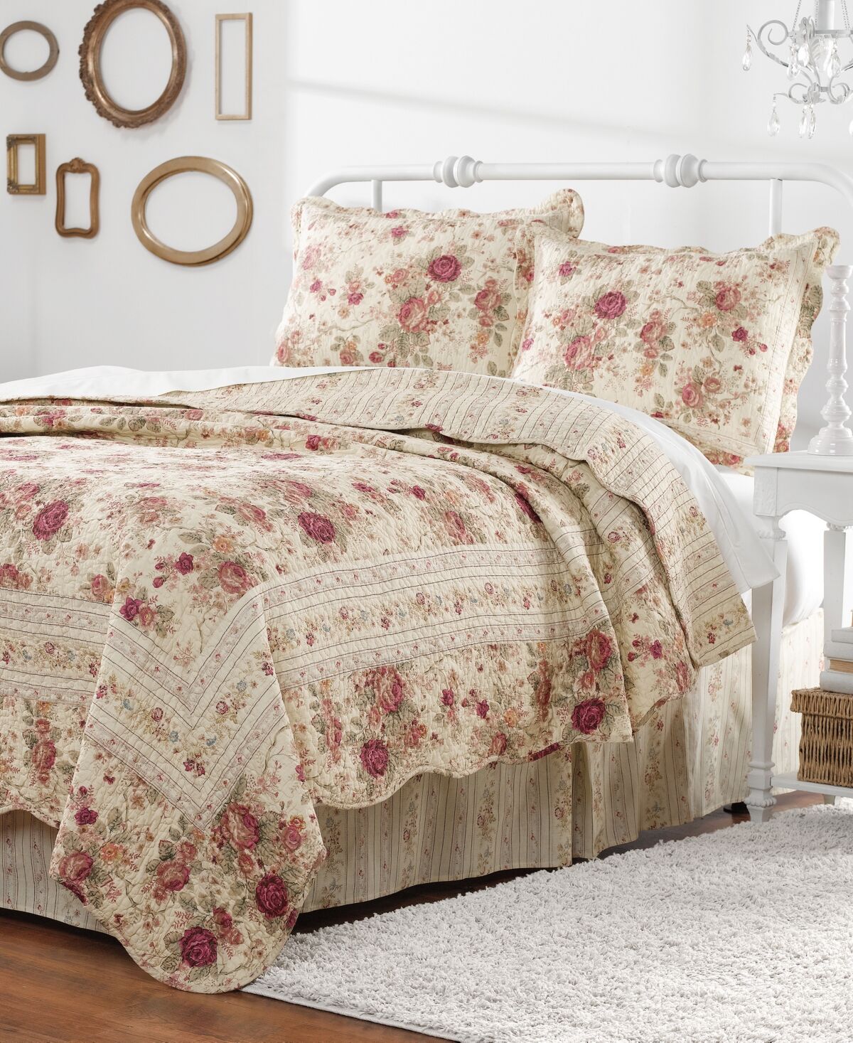 Greenland Home Fashions Antique-Like Rose 100% Cotton Reversible 3 Piece Quilt Set, Full/Queen - Ecru