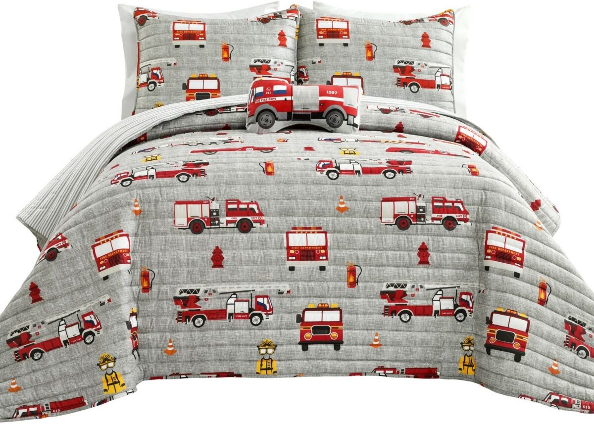 Lush Decor Fire Truck 4 Piece Quilt Set for Kids, Full/Queen - Red, Gray