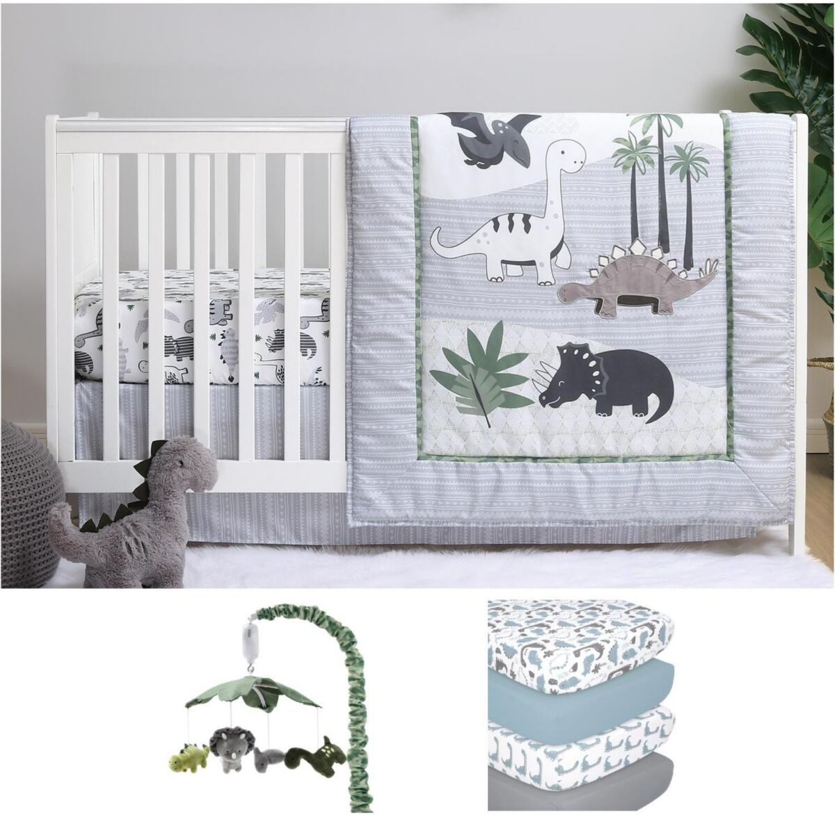 The Peanutshell Green Dino 8 Piece Baby Nursery Crib Bedding Set, Quilt, Crib Sheets, Crib Skirt, Mobile - Green/ivory/grey