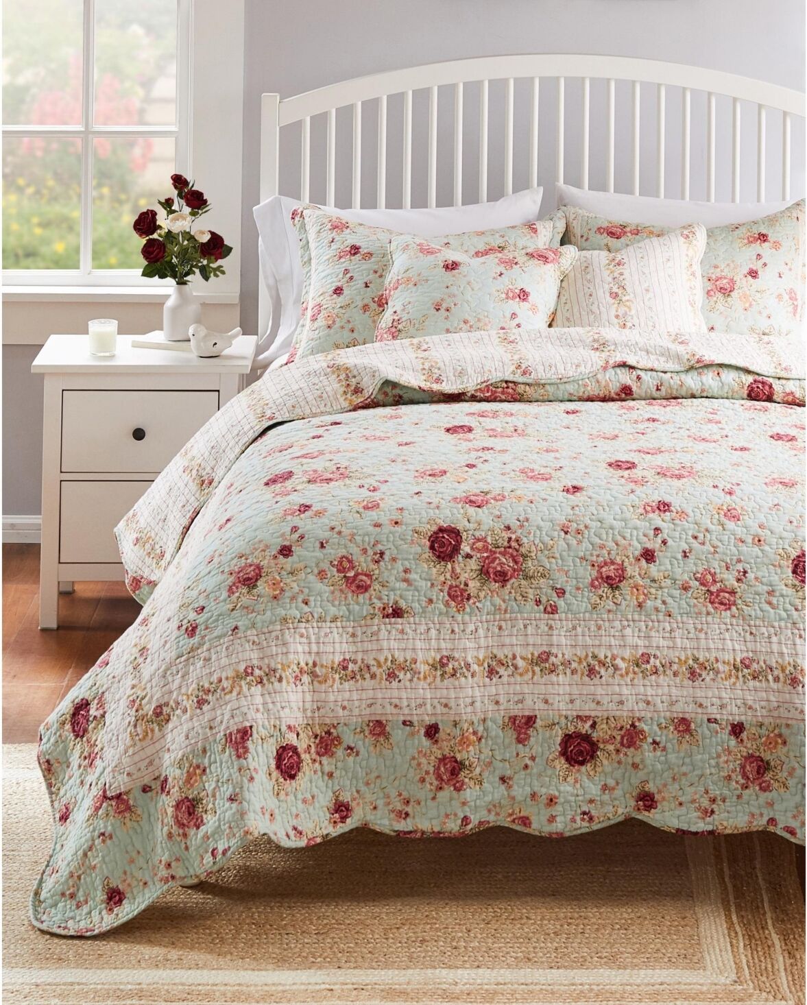 Greenland Home Fashions Antique-Like Rose 100% Cotton Reversible 3 Piece Quilt Set, King - Blue