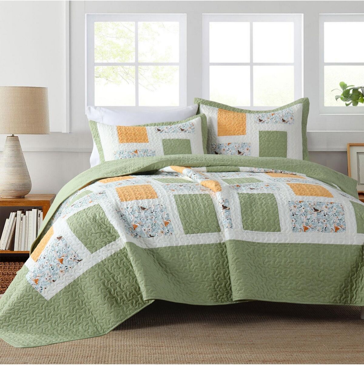 MarCielo 3Pcs Handcrafted Christmas Patchwork Cotton Vintage Style Holiday Bedspread Set - King - Green