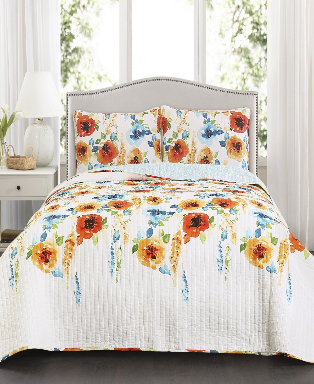 Lush Decor Percy Bloom 3-Pc Set Full/Queen Quilt Set - Tangerine