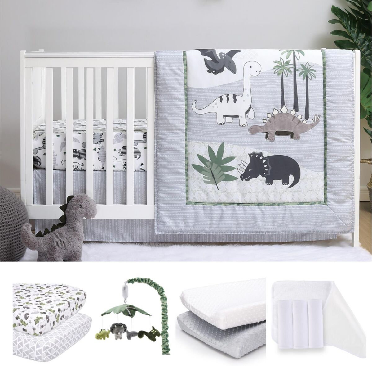 The Peanutshell Green Dino 12 Piece Baby Nursery Crib Bedding Set, Quilt, Crib Sheets, Crib Skirt, Changing Pad Covers and Liners, Mobile - Green/ivor