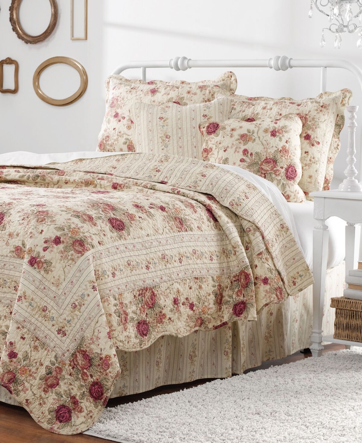 Greenland Home Fashions Antique-Like Rose 100% Cotton Reversible 4 Piece Quilt Set, Twin/Xl - Ecru