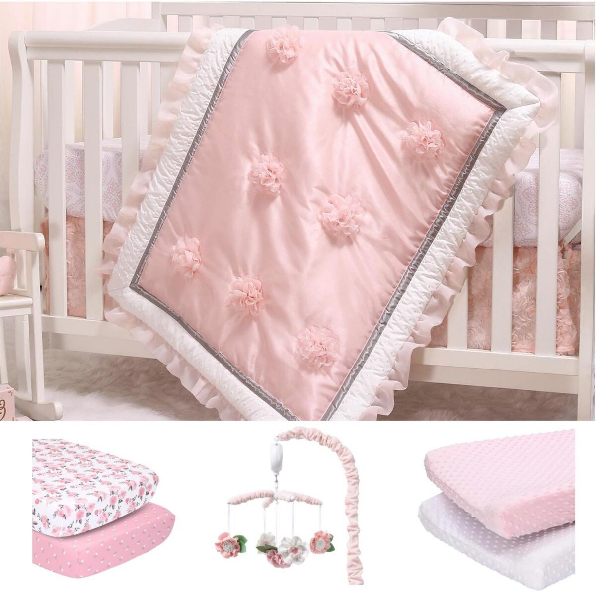 The Peanutshell Arianna 8 Piece Baby Nursery Crib Bedding Set, Quilt, Crib Sheets, Crib Skirt, Changing Pad Covers, and Crib Mobile - Pink/white/grey