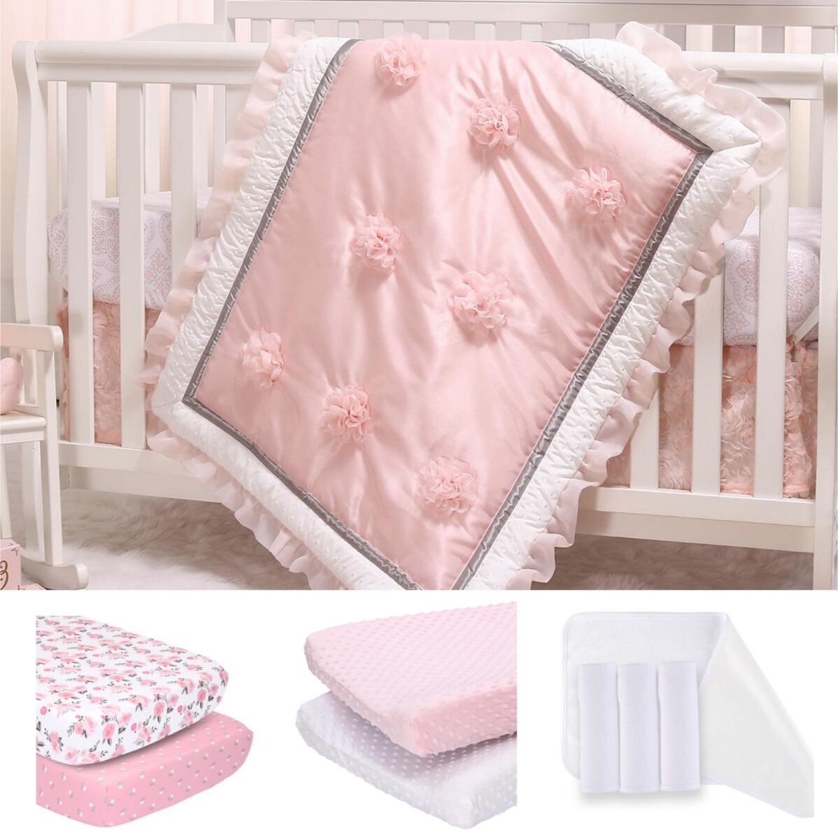 The Peanutshell Arianna 11 Piece Baby Nursery Crib Bedding Set, Quilt, Crib Sheets, Crib Skirt, Changing Pads and Changing Pad Liners - Pink/white/gre