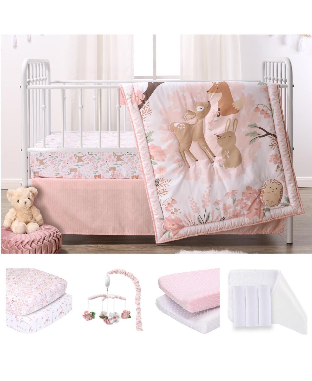 The Peanutshell Fairytale Forest 12 Piece Baby Nursery Crib Bedding Set, Quilt, Crib Sheets, Crib Skirt, Changing Pad Covers and Liners, and Mobile -