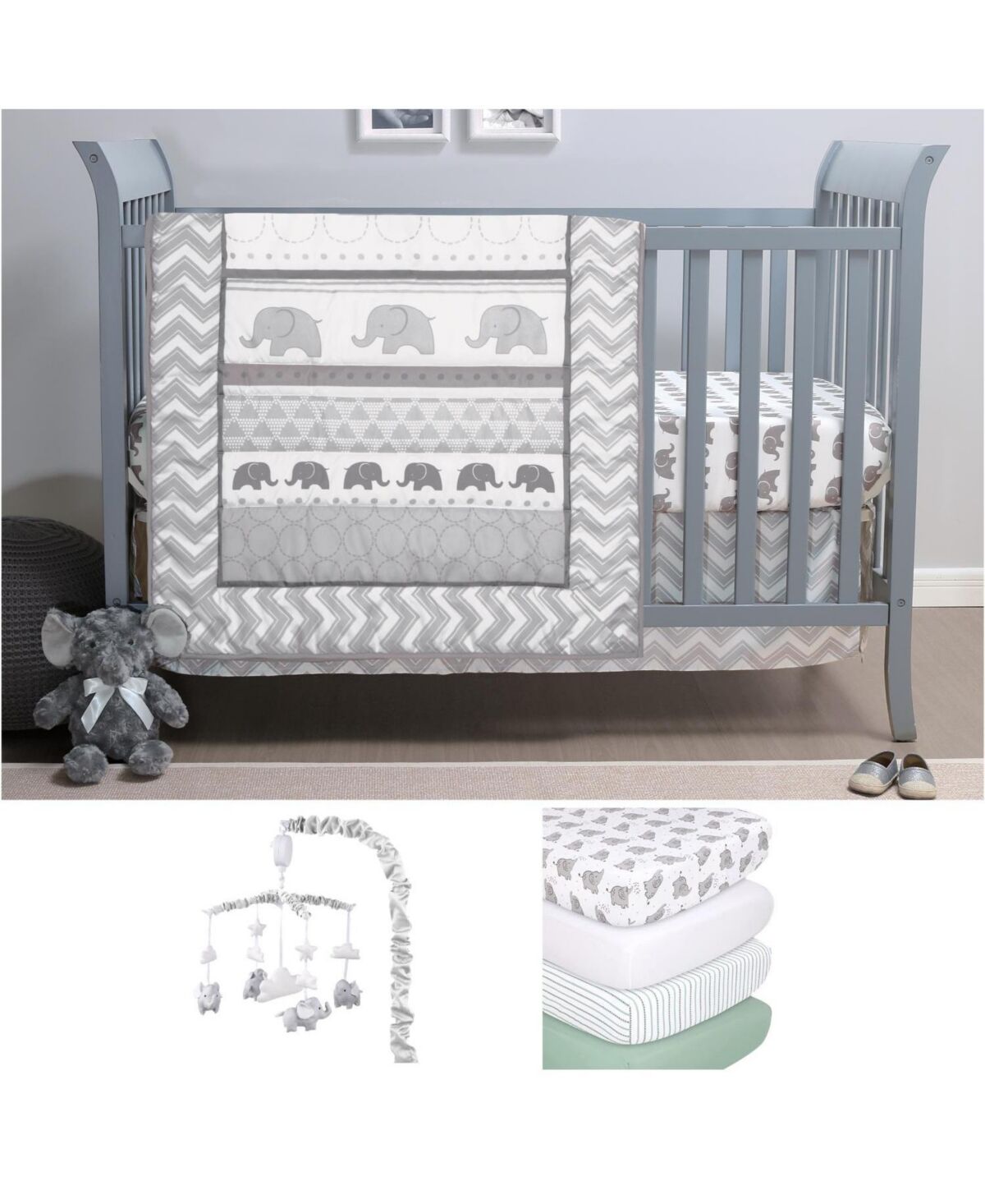 The Peanutshell Elephant Walk 8 Piece Baby Nursery Crib Bedding Set, Quilt, Crib Sheets, Crib Skirt, and Mobile - Grey/white