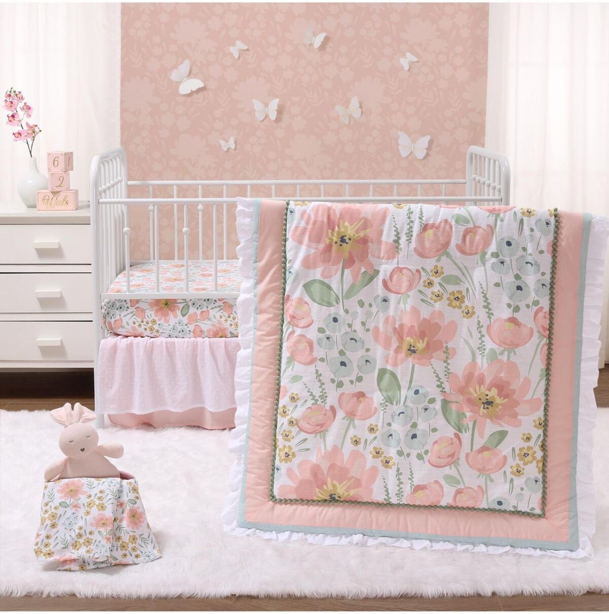 The Peanutshell Wildflower Organic Cotton Crib Bedding Set for Baby Girls, 4 Pieces - Pink