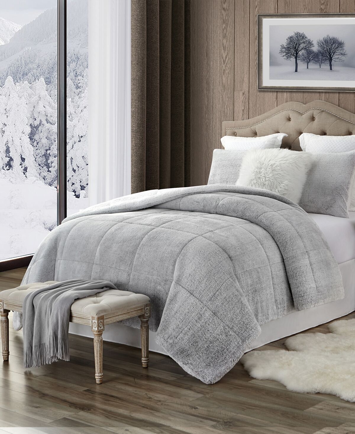 Cathay Home Inc. Plush Faux Fur and Sherpa Reversible King/Cal King Comforter Set - Grey