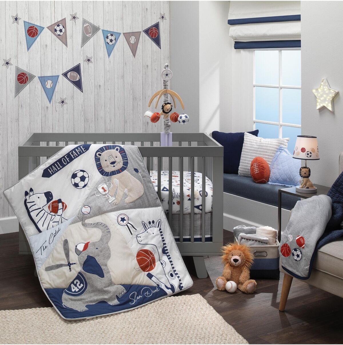 Lambs & Ivy Hall of Fame Sports Animals 5-Piece Crib Bedding Set - Gray/Blue - Gray