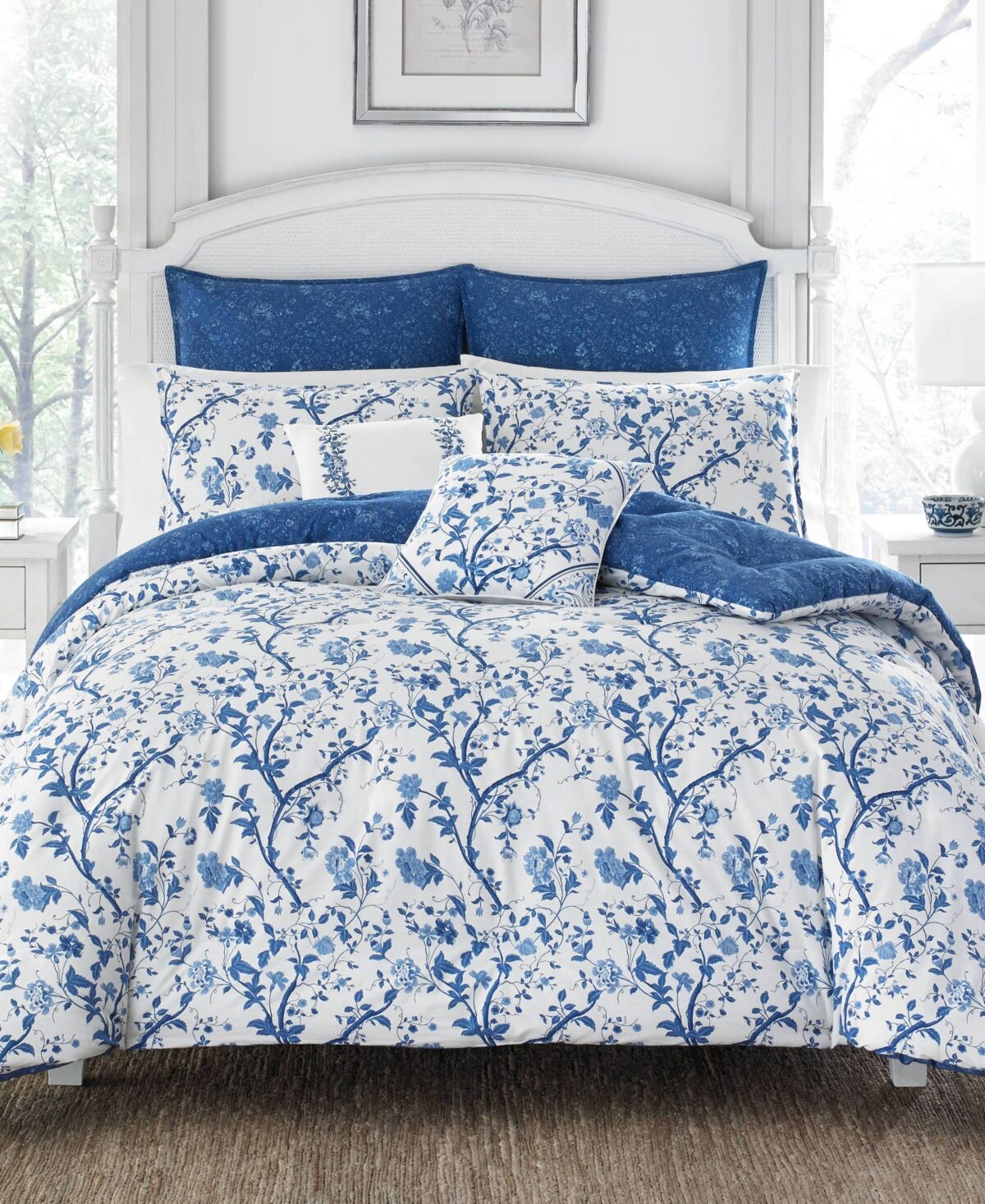 Laura Ashley Elise Cotton Reversible 7 Piece Duvet Cover Set, Full/Queen - China Blue