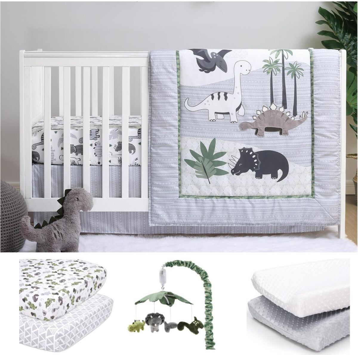 The Peanutshell Green Dino 8 Piece Baby Nursery Crib Bedding Set, Quilt, Crib Sheets, Crib Skirt, Changing Pad Covers, Mobile - Green/ivory/grey